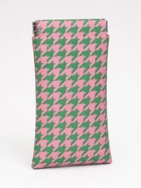 Pink Green Houndstooth Faux Leather Weave Phone Eyeglasses Sunglasses Case Pouch
